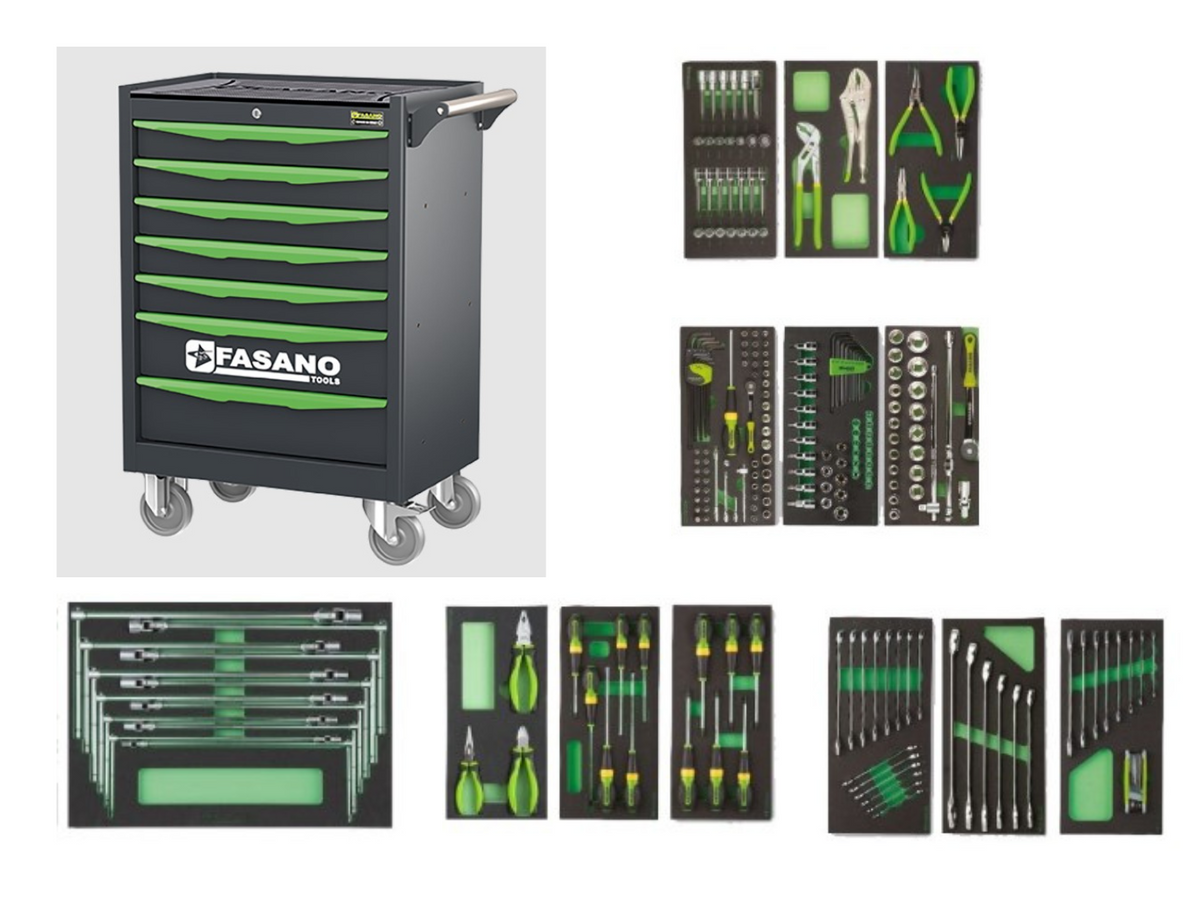 CARRELLO PORTA UTENSILI A 7 CASSETTI, CON ASSORTIMENTO 224 UTENSILI, IN MODULI DI GOMMA